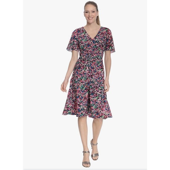 London Style Dress Floral V-neck short sleeve Womens SZ 8 Fit & Flare semi Sheer - Picture 1 of 10